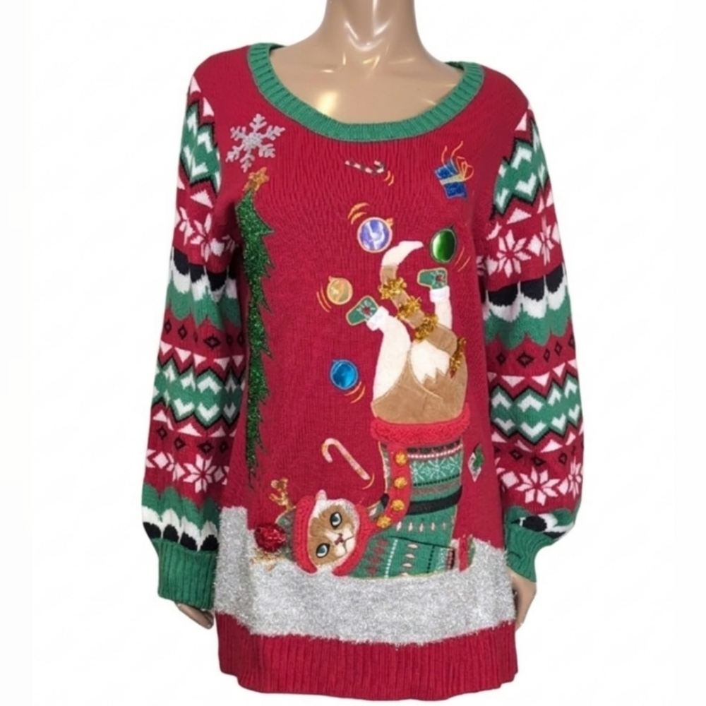 Merry & Bright Ugly Christmas Sweater Red Cat in Stocking Pom Pom Womens Large